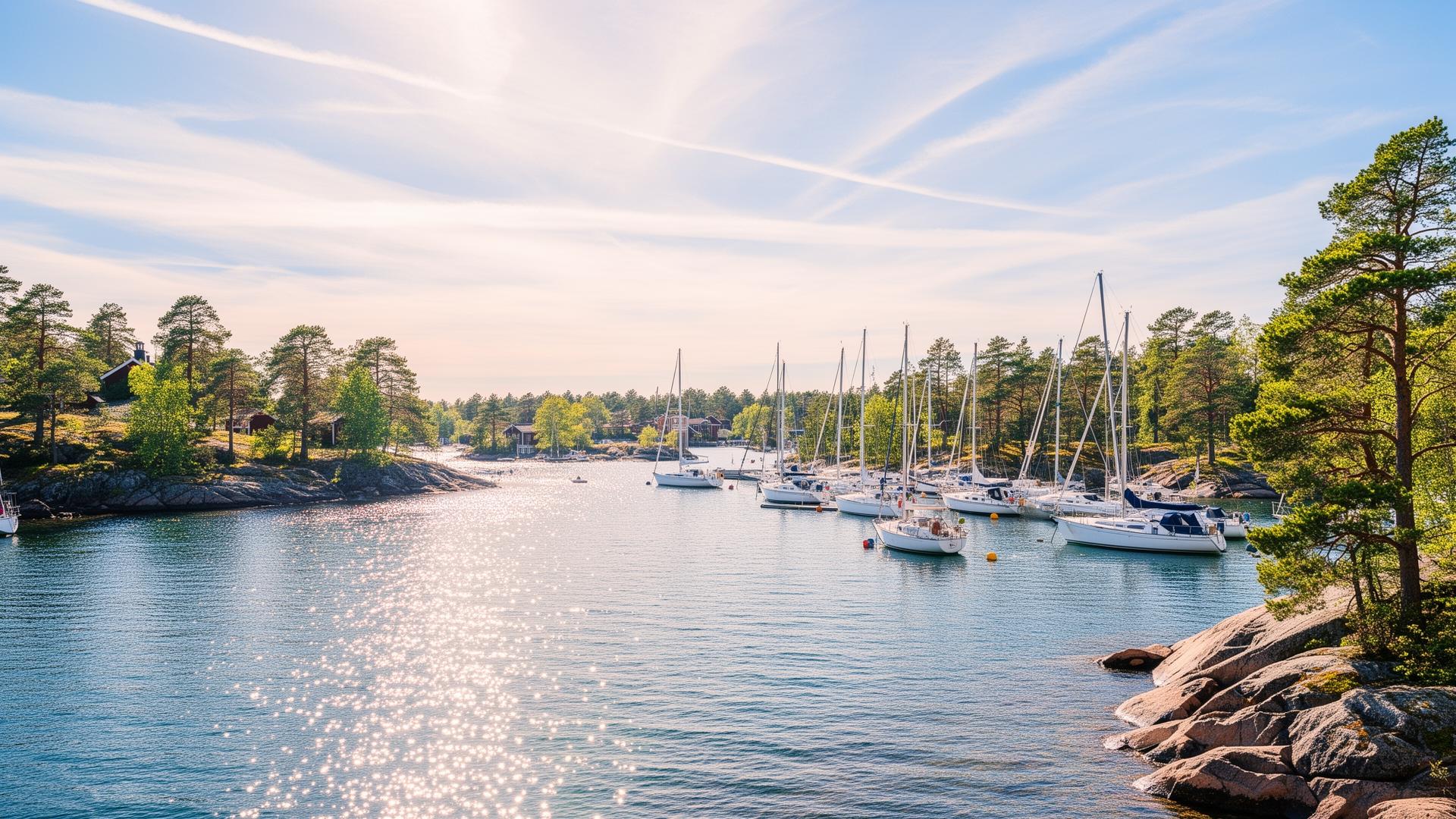 Solig sommardag i en vik i Saltsjöbaden med vita segelbåtar